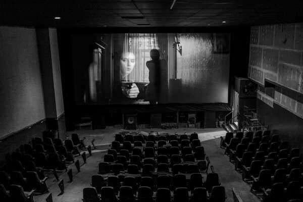 The trailer for the forthcoming “Black Widow” movie running to an empty house at the Alpine Cinema in Brooklyn.